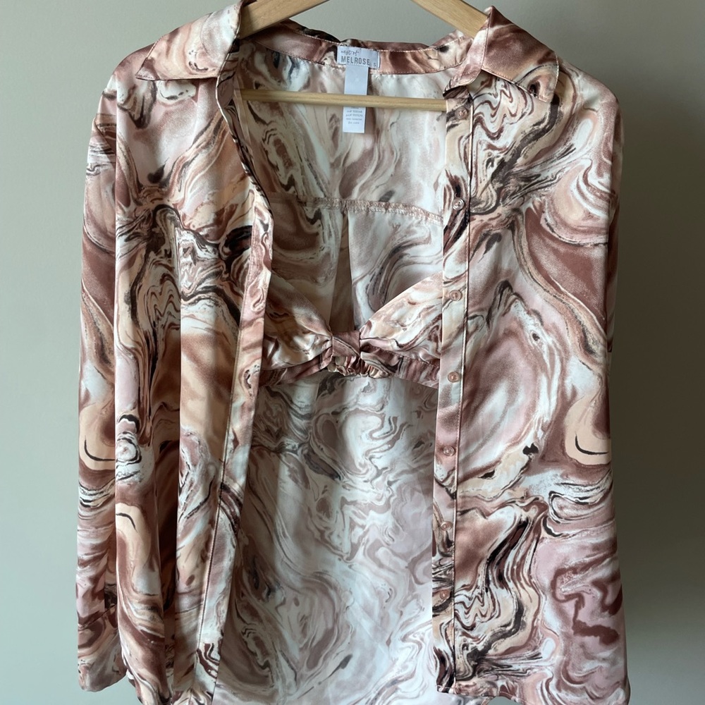 Tilly’s West of Melrose Satin Marbled Button Up and Bralette Set